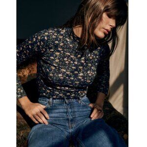 Sézane Felix Floral Long Sleeve Top - Navy and Pink